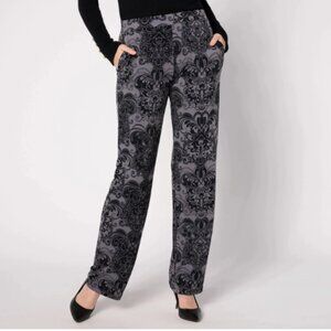 Susan Graver Printed Liquid Knit Sofia Straight Pants-Gray Night-XXS-NEW-A618820